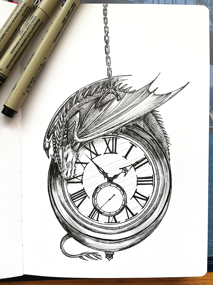 Fineliner drawing of dragon sleeping on pocket watch.